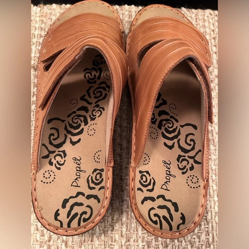 Propet June Sandal Slide Wedge Comfort Brown Leather Adjustable WSO001L Women 10